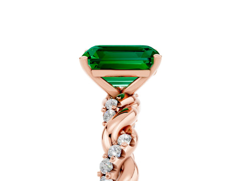Rose gold Emerald Cut Emerald Solitaire Ring with Twisted Band and Pavé Accents_5