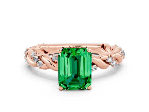 Rose gold Emerald Cut Emerald Solitaire Ring with Twisted Band and Pavé Accents
