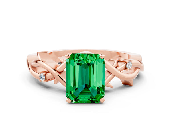 Rose gold Emerald Cut Emerald Solitaire Ring with Twisted Band and Prong Setting
