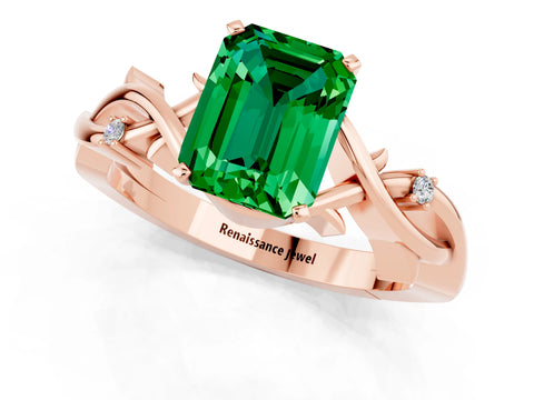 Rose gold Emerald Cut Emerald Solitaire Ring with Twisted Band and Prong Setting_1
