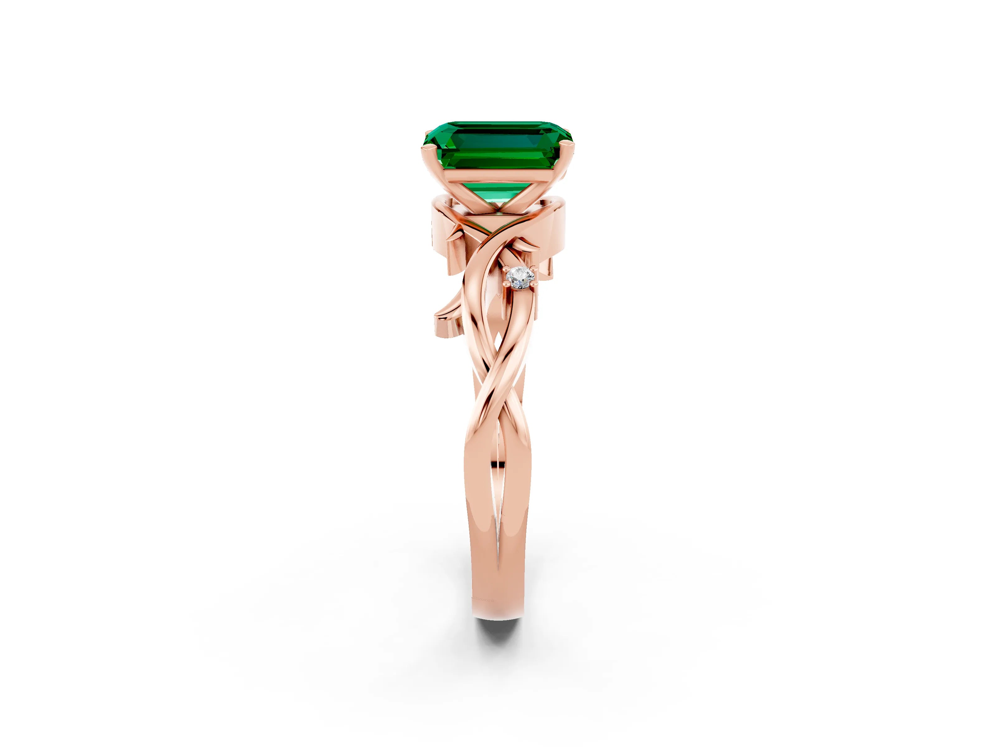 Rose gold Emerald Cut Emerald Solitaire Ring with Twisted Band and Prong Setting_2