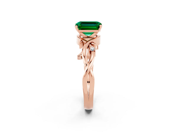 Rose gold Emerald Cut Emerald Solitaire Ring with Twisted Band and Prong Setting