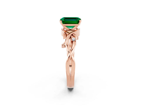 Rose gold Emerald Cut Emerald Solitaire Ring with Twisted Band and Prong Setting_2