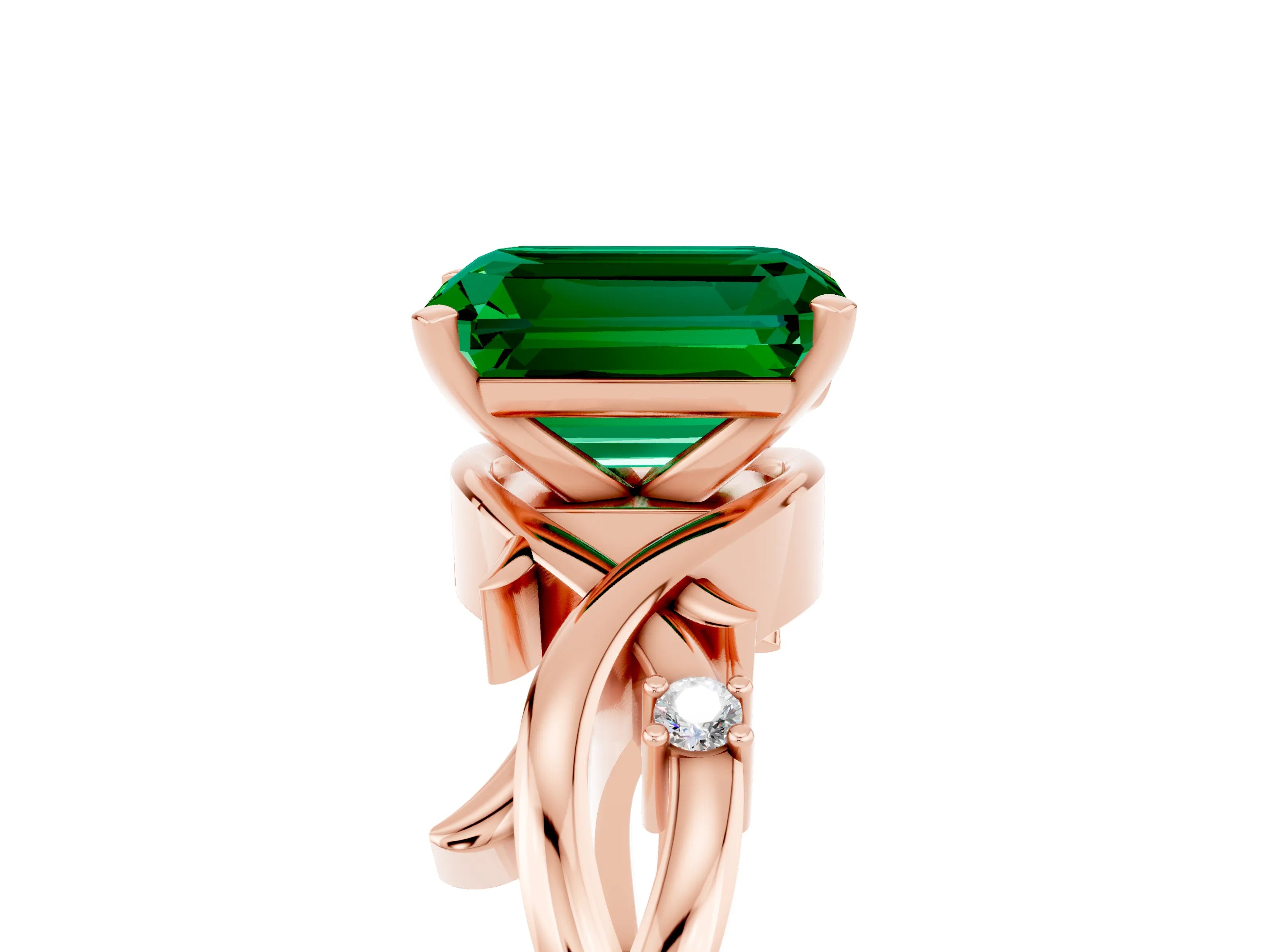 Rose gold Emerald Cut Emerald Solitaire Ring with Twisted Band and Prong Setting_5