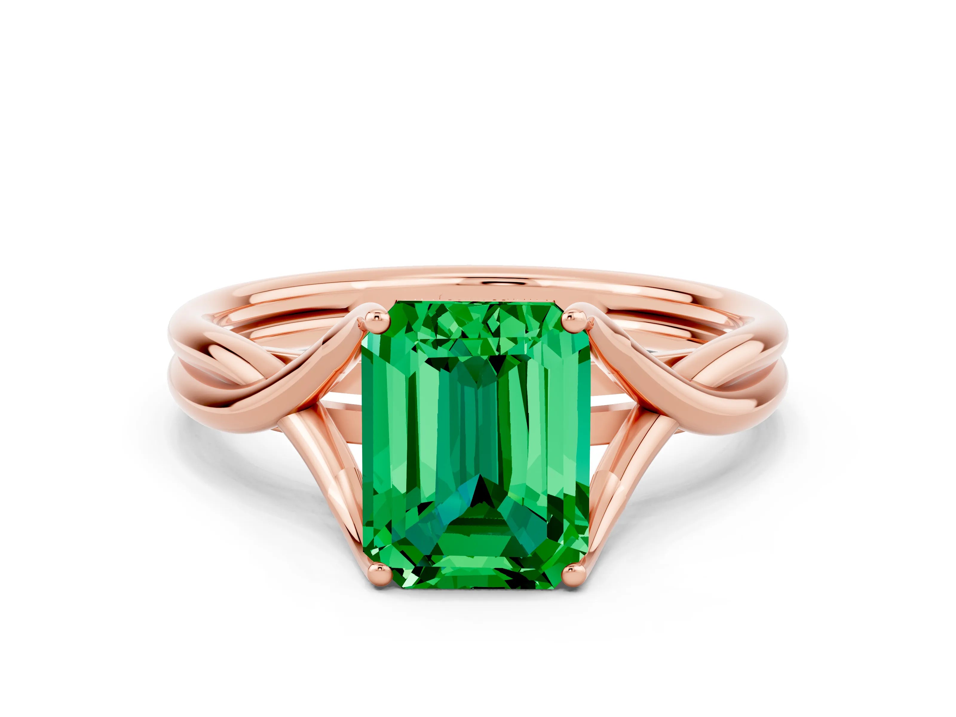 Rose gold Emerald Cut Emerald Solitaire Twist Band Prong Setting Ring_12