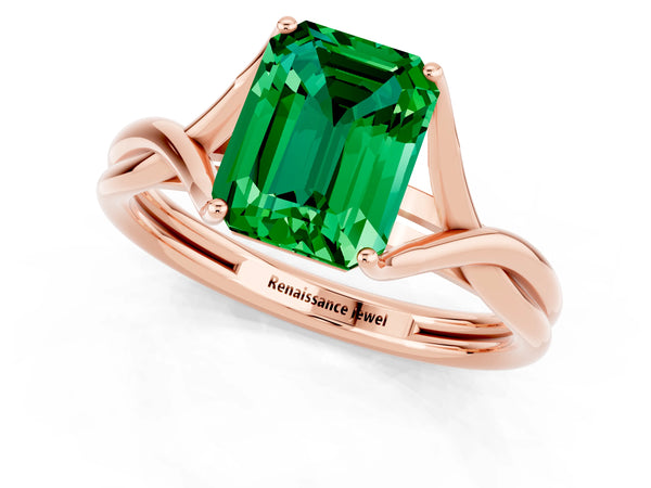 Rose gold Emerald Cut Emerald Solitaire Twist Band Prong Setting Ring