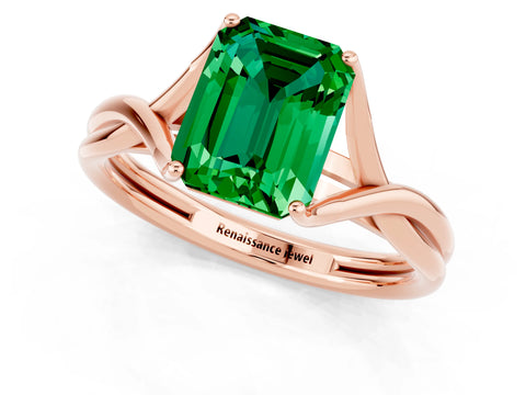 Rose gold Emerald Cut Emerald Solitaire Twist Band Prong Setting Ring_13
