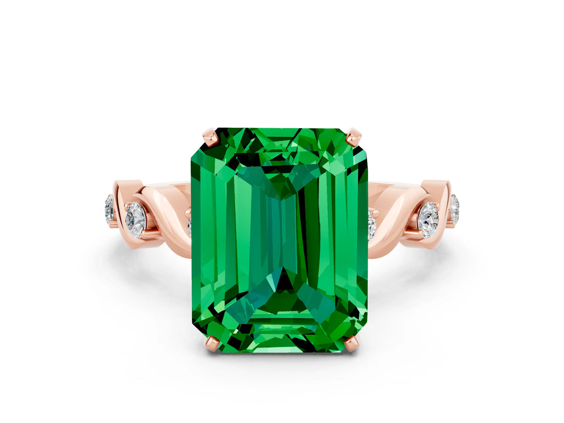 Rose gold Emerald Cut Emerald Solitaire Twisted Band with Round  Accents and Prong Setting_12