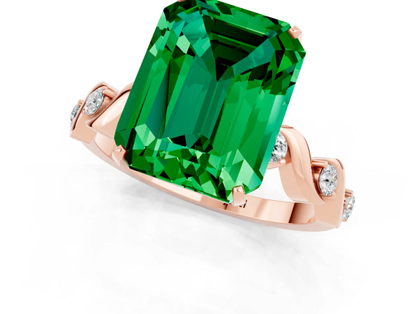 Rose gold Emerald Cut Emerald Solitaire Twisted Band with Round  Accents and Prong Setting