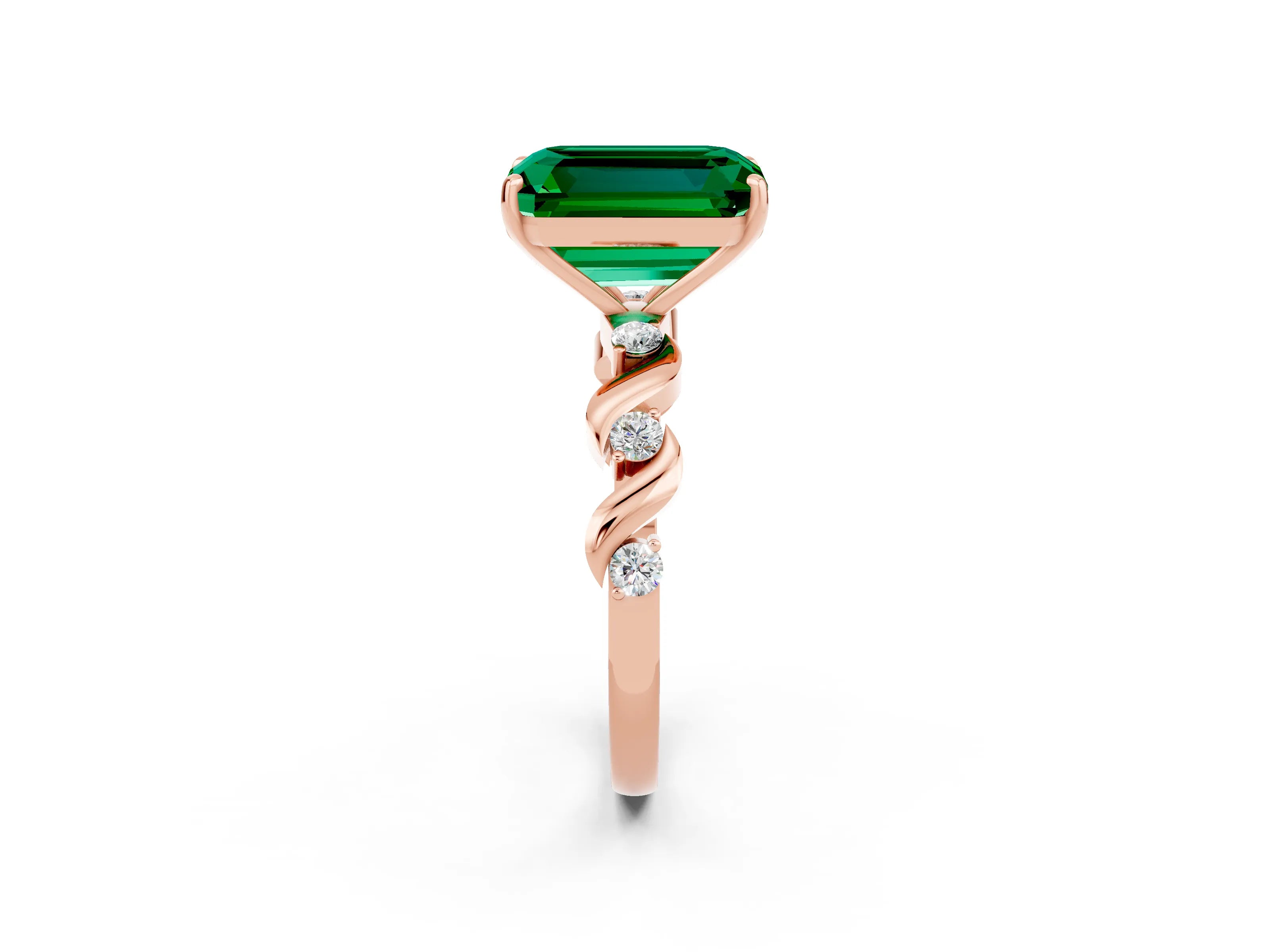 Rose gold Emerald Cut Emerald Solitaire Twisted Band with Round  Accents and Prong Setting_14