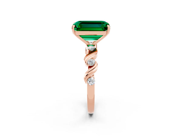 Rose gold Emerald Cut Emerald Solitaire Twisted Band with Round  Accents and Prong Setting
