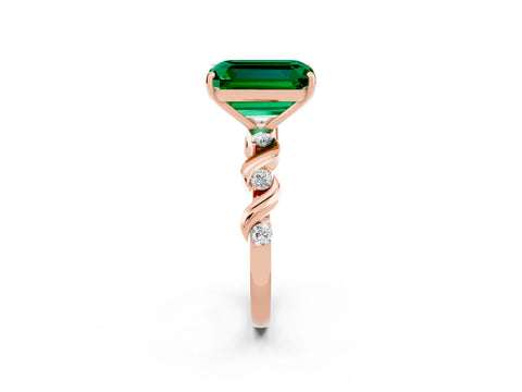 Rose gold Emerald Cut Emerald Solitaire Twisted Band with Round  Accents and Prong Setting_14