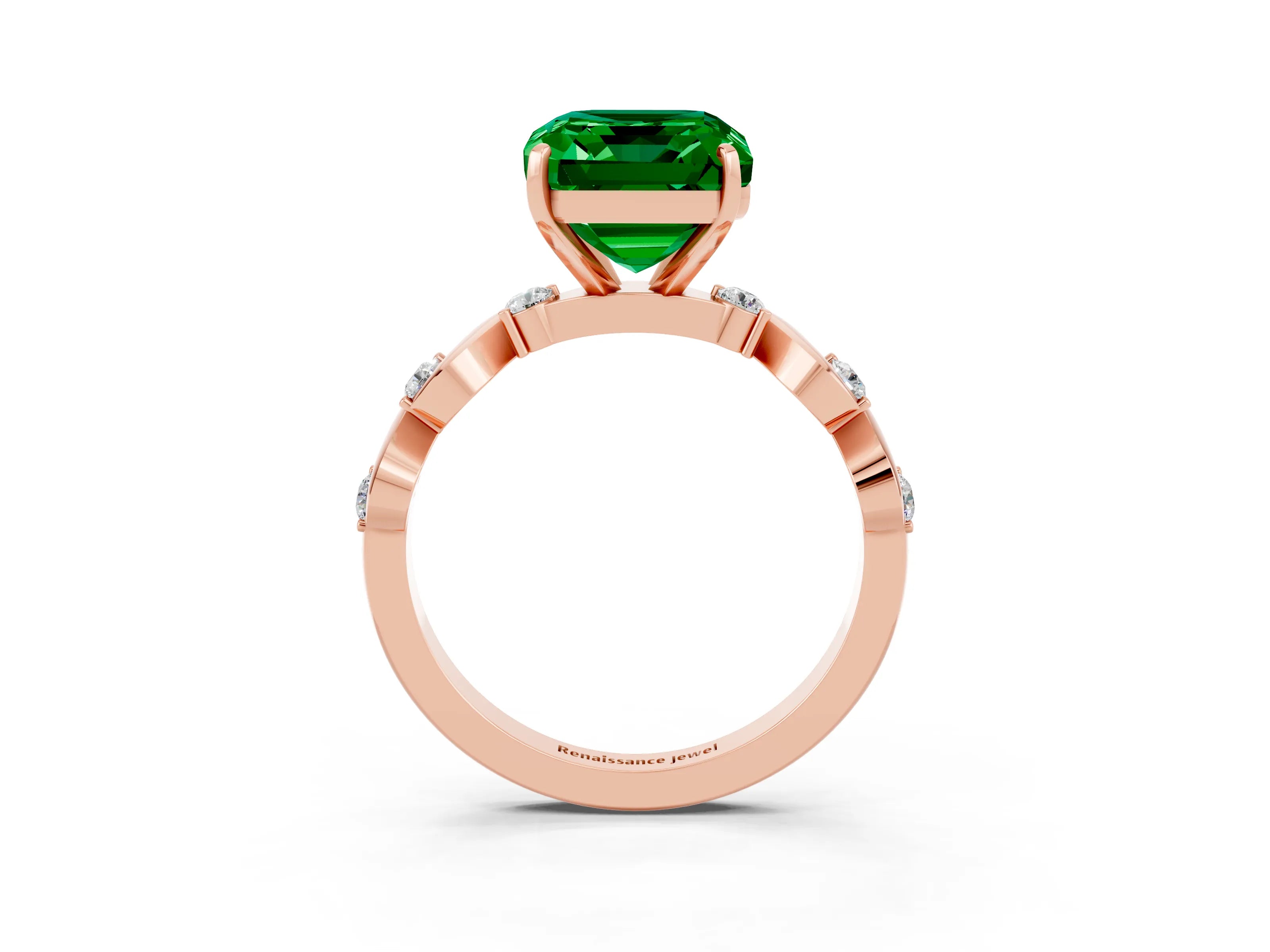 Rose gold Emerald Cut Emerald Solitaire Twisted Band with Round  Accents and Prong Setting_15