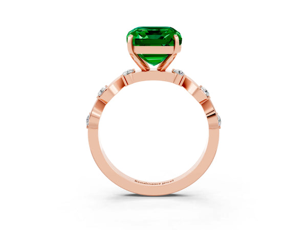 Rose gold Emerald Cut Emerald Solitaire Twisted Band with Round  Accents and Prong Setting