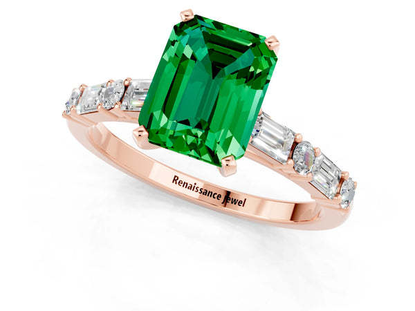 Rose gold Emerald Cut Emerald Solitaire with Side Baguettes and Channel Set Band