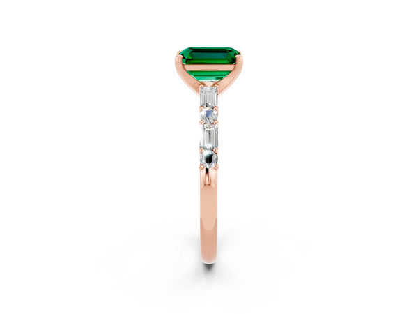 Rose gold Emerald Cut Emerald Solitaire with Side Baguettes and Channel Set Band