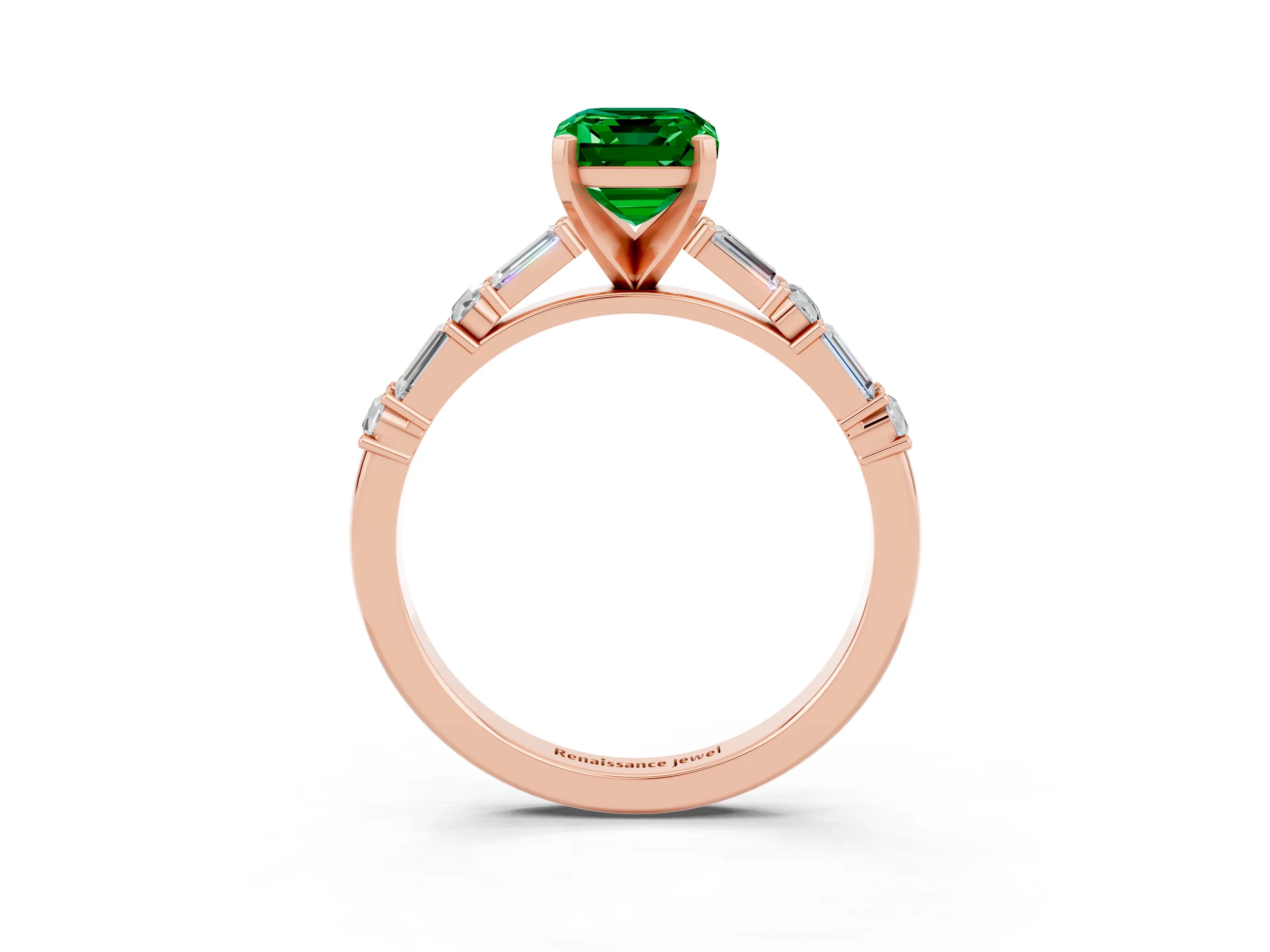 Rose gold Emerald Cut Emerald Solitaire with Side Baguettes and Channel Set Band_3