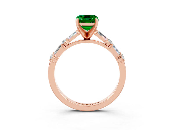 Rose gold Emerald Cut Emerald Solitaire with Side Baguettes and Channel Set Band
