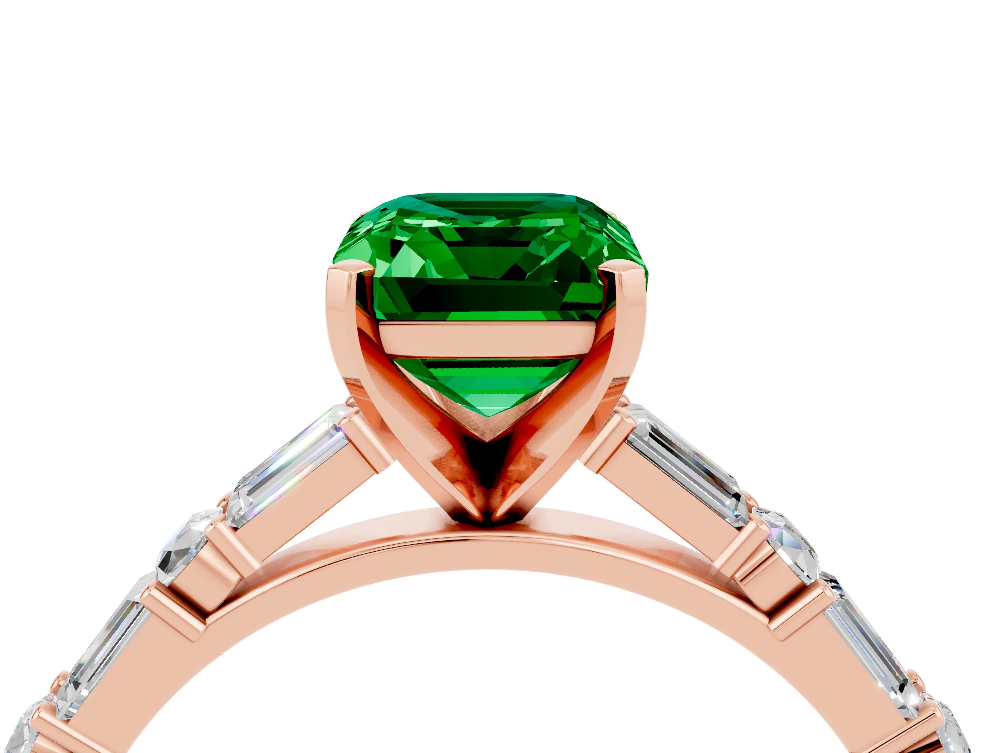 Rose gold Emerald Cut Emerald Solitaire with Side Baguettes and Channel Set Band_4