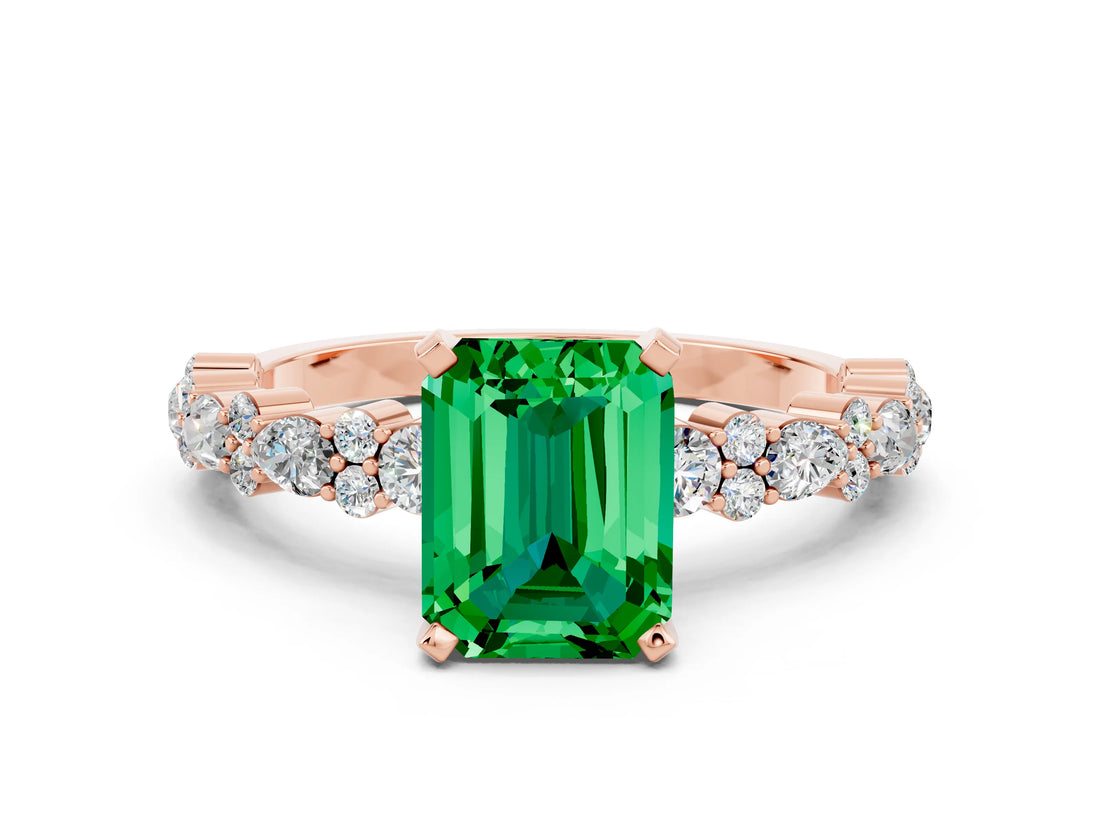 Rose gold Emerald Cut Emerald Solitaire with Side Stones, Pave Band, Four-Prong Setting_48