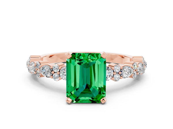 Rose gold Emerald Cut Emerald Side Stone Solitaire Ring with Round  and Four-Prong Setting
