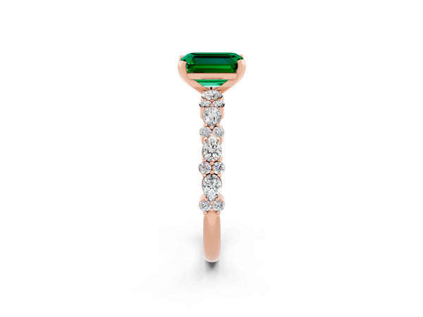 Rose gold Emerald Cut Emerald Side Stone Solitaire Ring with Round  and Four-Prong Setting