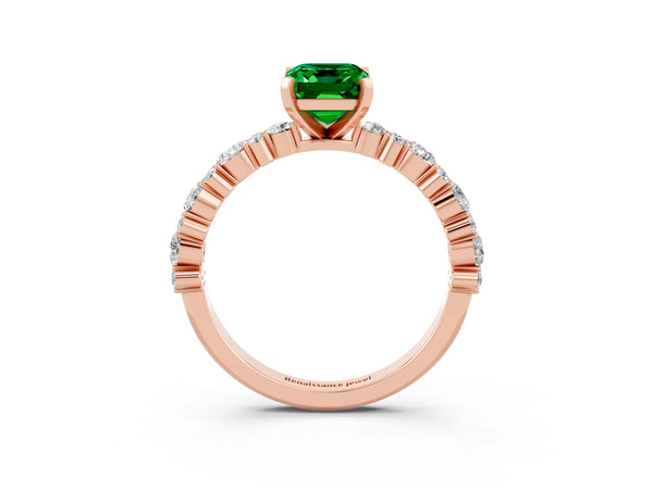 Rose gold Emerald Cut Emerald Side Stone Solitaire Ring with Round  and Four-Prong Setting