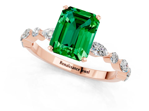 Rose gold Emerald Cut Emerald Solitaire with Side Stones on a Pavé Band and Four-Prong Setting_1