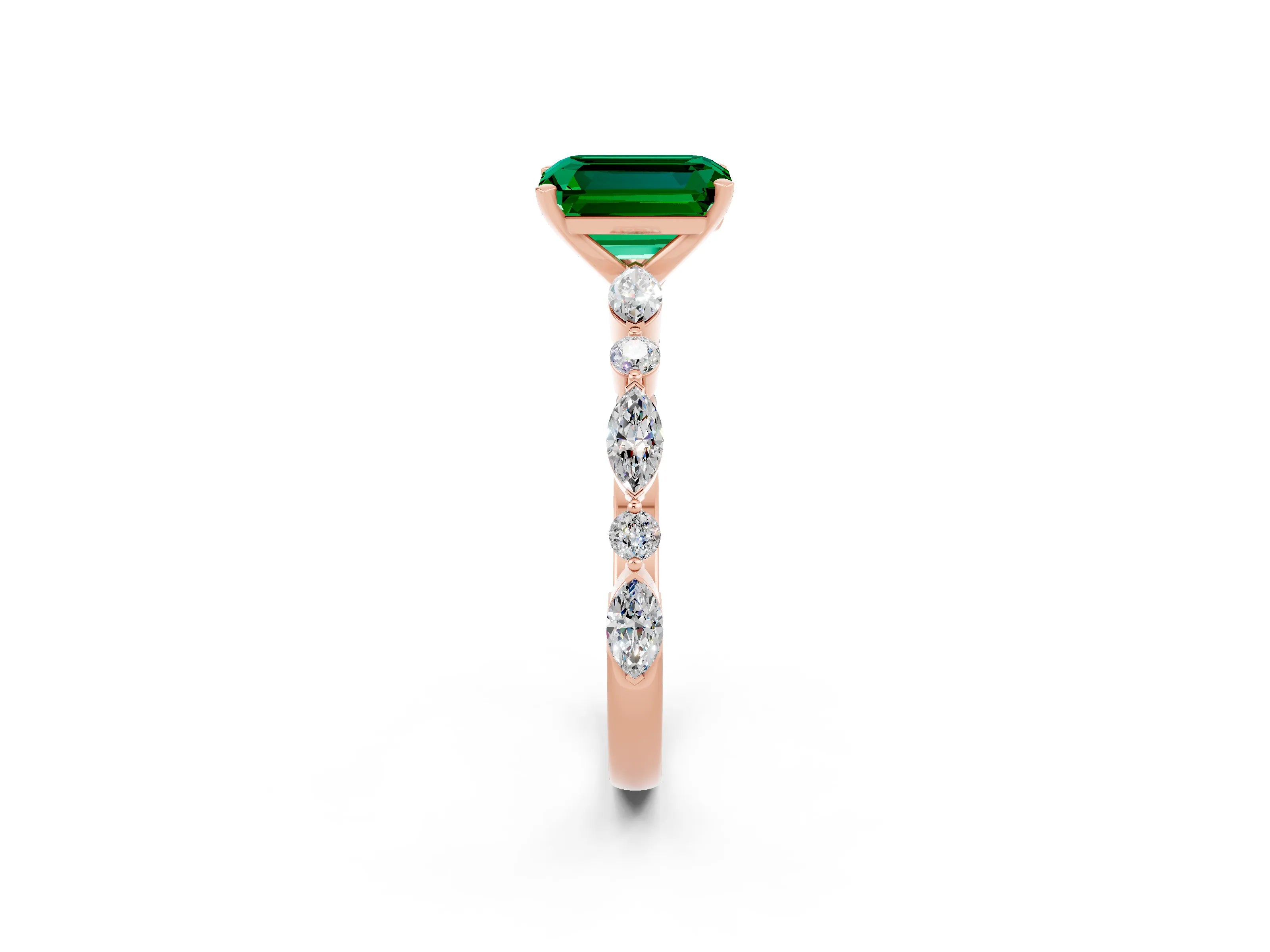 Rose gold Emerald Cut Emerald Solitaire with Side Stones on a Pavé Band and Four-Prong Setting_2