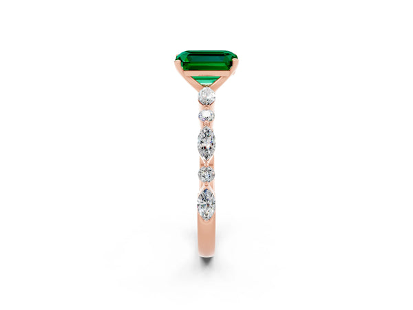 Rose gold Emerald Cut Emerald Ring with Marquise and Round  Side Stones and Four-Prong Setting
