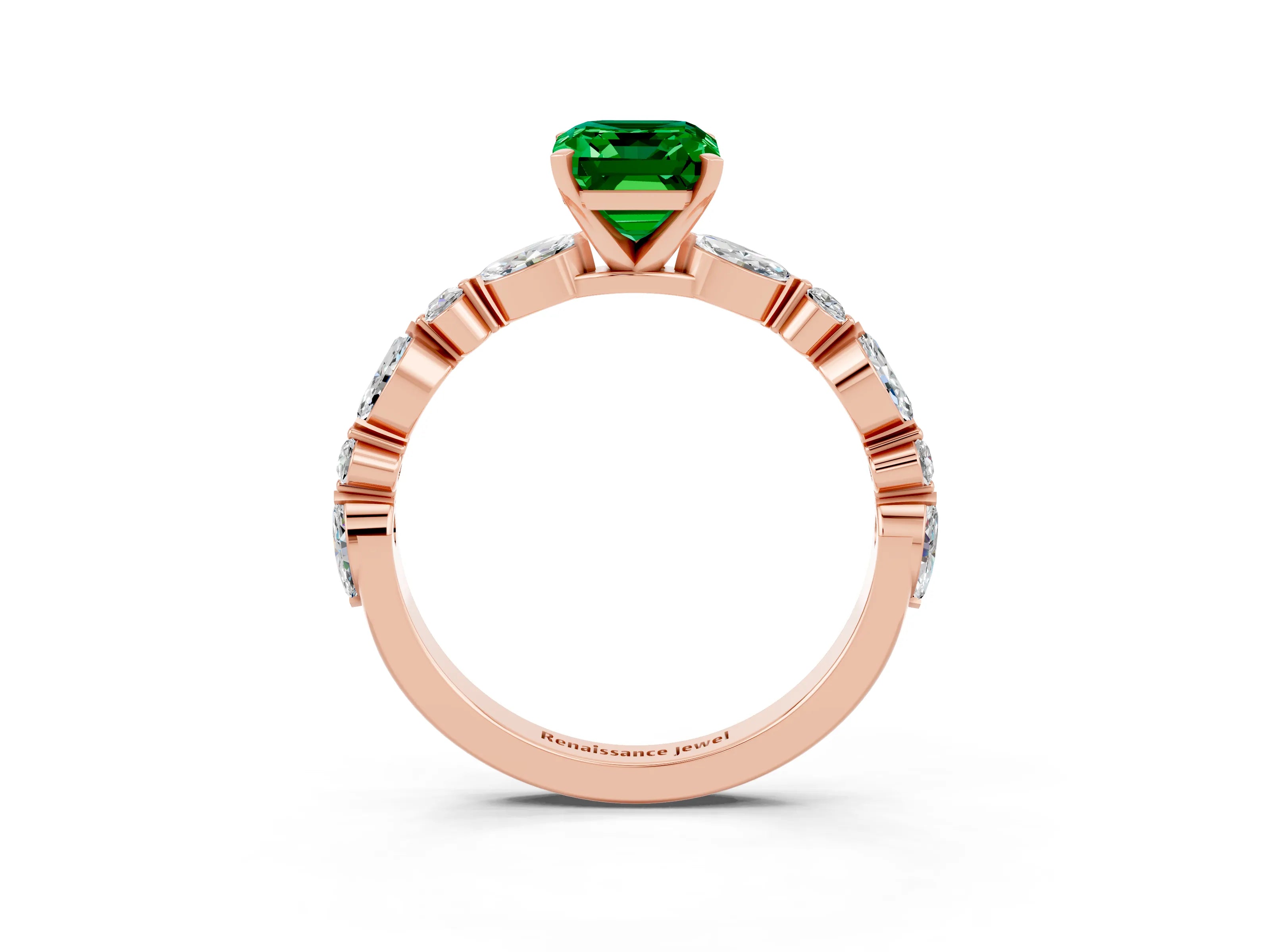 Rose gold Emerald Cut Emerald Solitaire with Side Stones on a Pavé Band and Four-Prong Setting_3