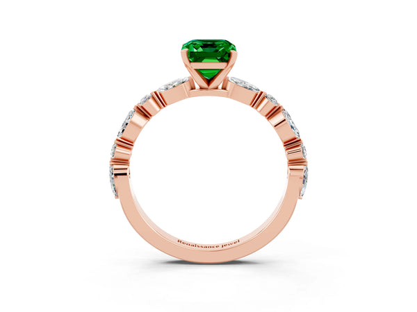 Rose gold Emerald Cut Emerald Ring with Marquise and Round  Side Stones and Four-Prong Setting