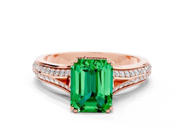 Rose gold Emerald Cut Emerald Split Shank Engagement Ring with Pavé Band