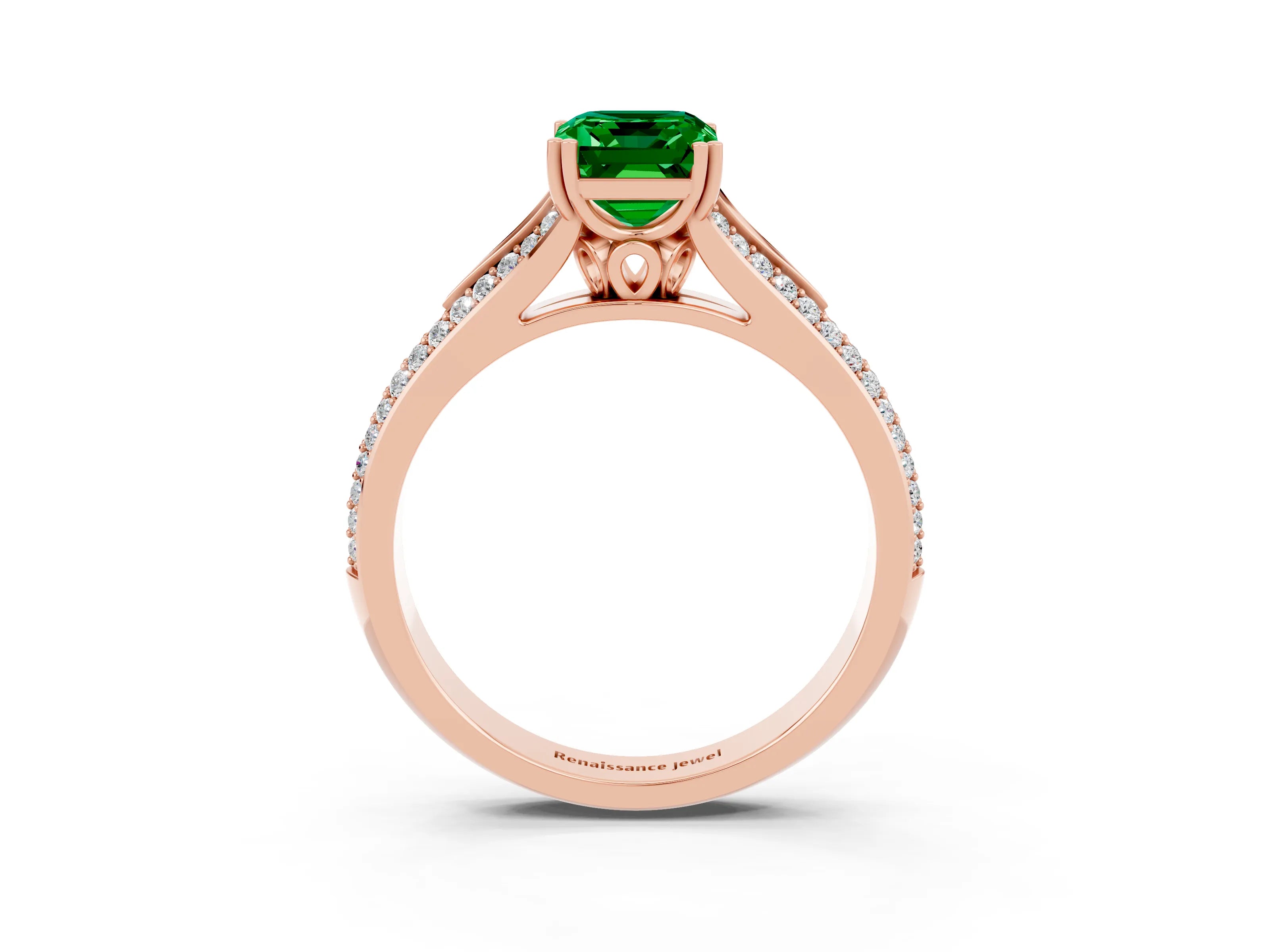 Rose gold Emerald Cut Emerald Split Shank Engagement Ring with Pavé Band_3