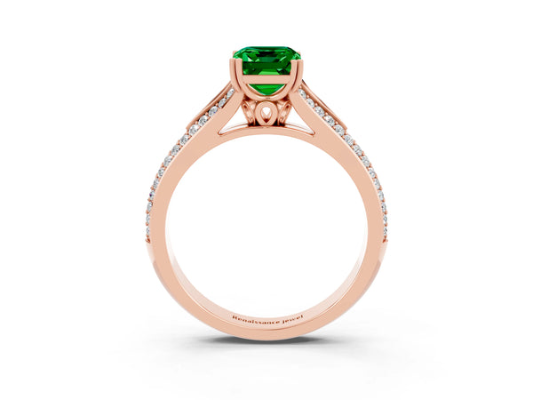 Rose gold Emerald Cut Emerald Split Shank Engagement Ring with Pavé Band