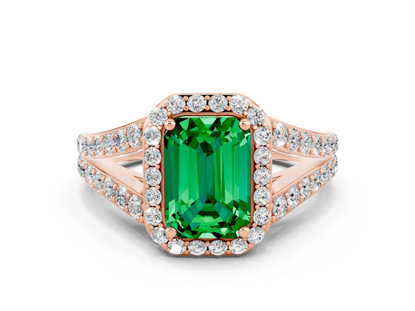 Rose gold Emerald Cut Emerald Split Shank Halo Ring with Four-Prong Setting