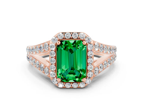 Rose gold Emerald Cut Emerald Split Shank Halo Ring with Four-Prong Setting_12