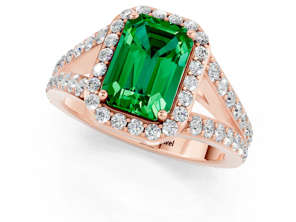 Rose gold Emerald Cut Emerald Split Shank Halo Ring with Four-Prong Setting