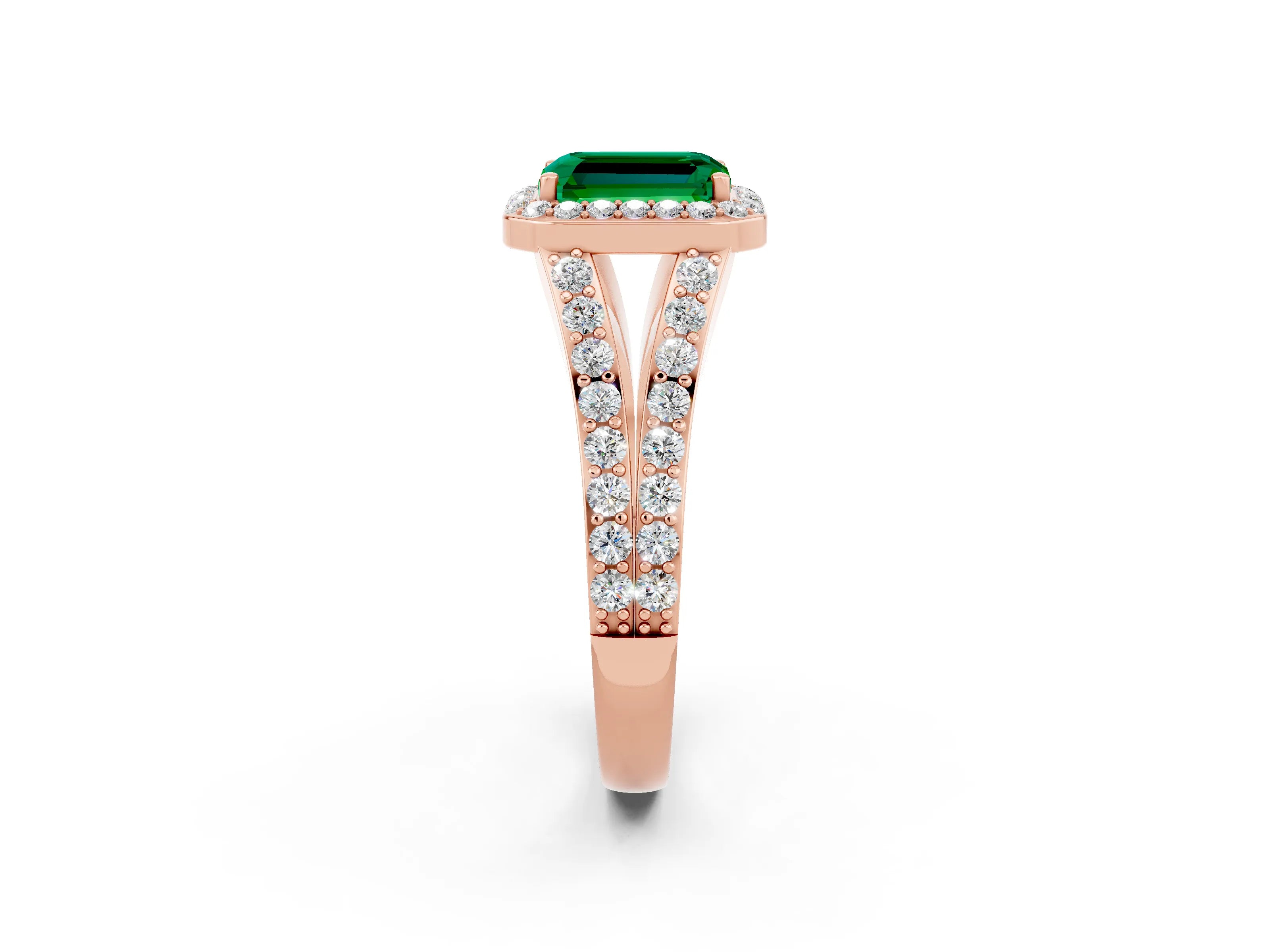 Rose gold Emerald Cut Emerald Split Shank Halo Ring with Four-Prong Setting_14
