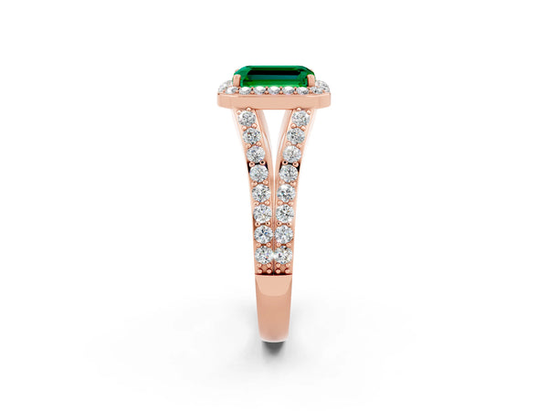 Rose gold Emerald Cut Emerald Split Shank Halo Ring with Four-Prong Setting