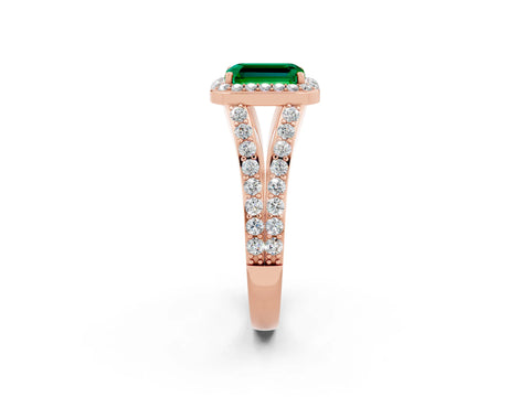 Rose gold Emerald Cut Emerald Split Shank Halo Ring with Four-Prong Setting_14