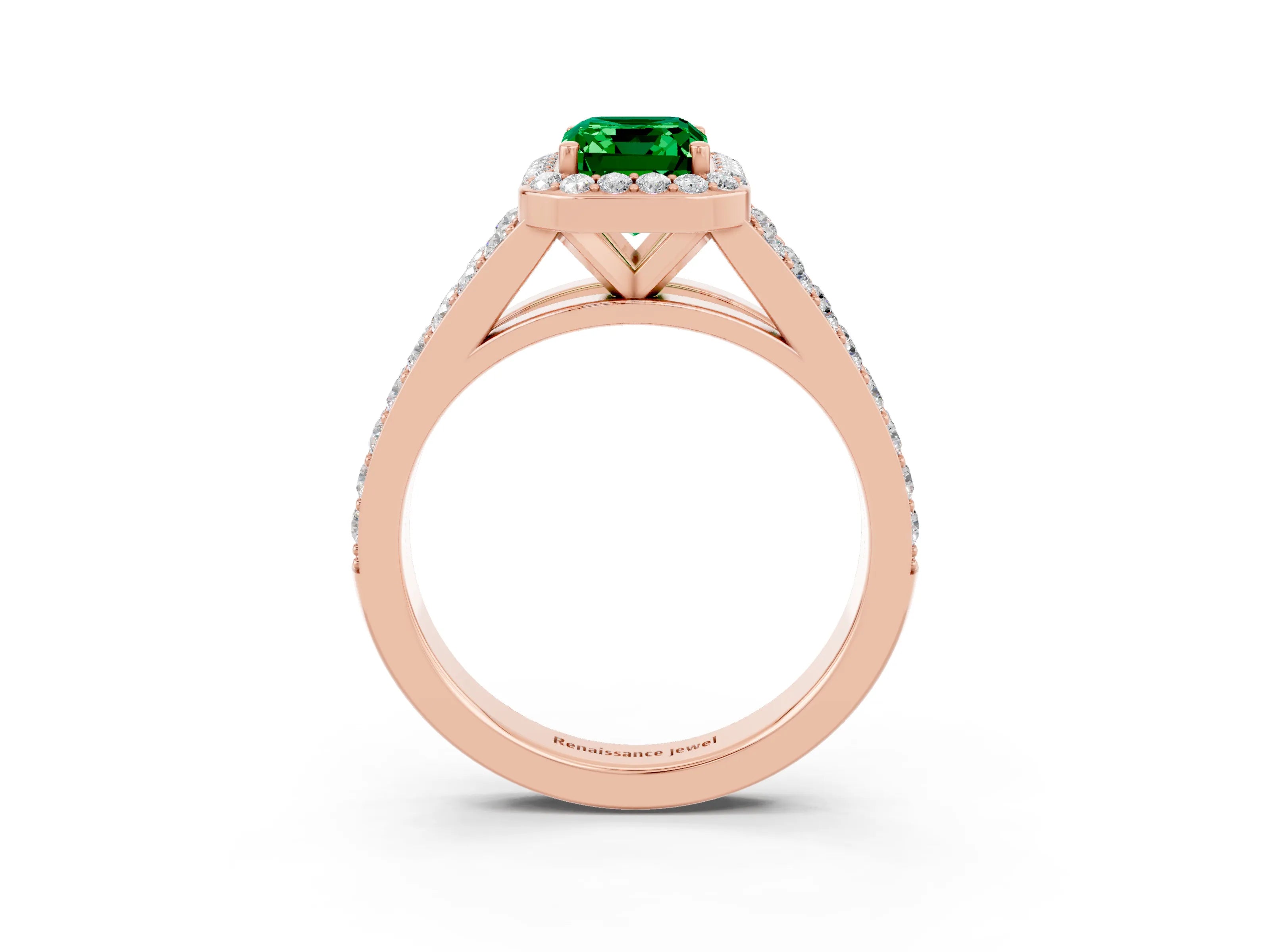 Rose gold Emerald Cut Emerald Split Shank Halo Ring with Four-Prong Setting_15