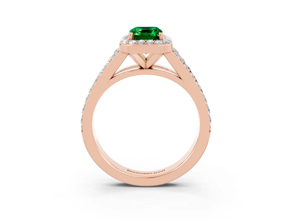 Rose gold Emerald Cut Emerald Split Shank Halo Ring with Four-Prong Setting