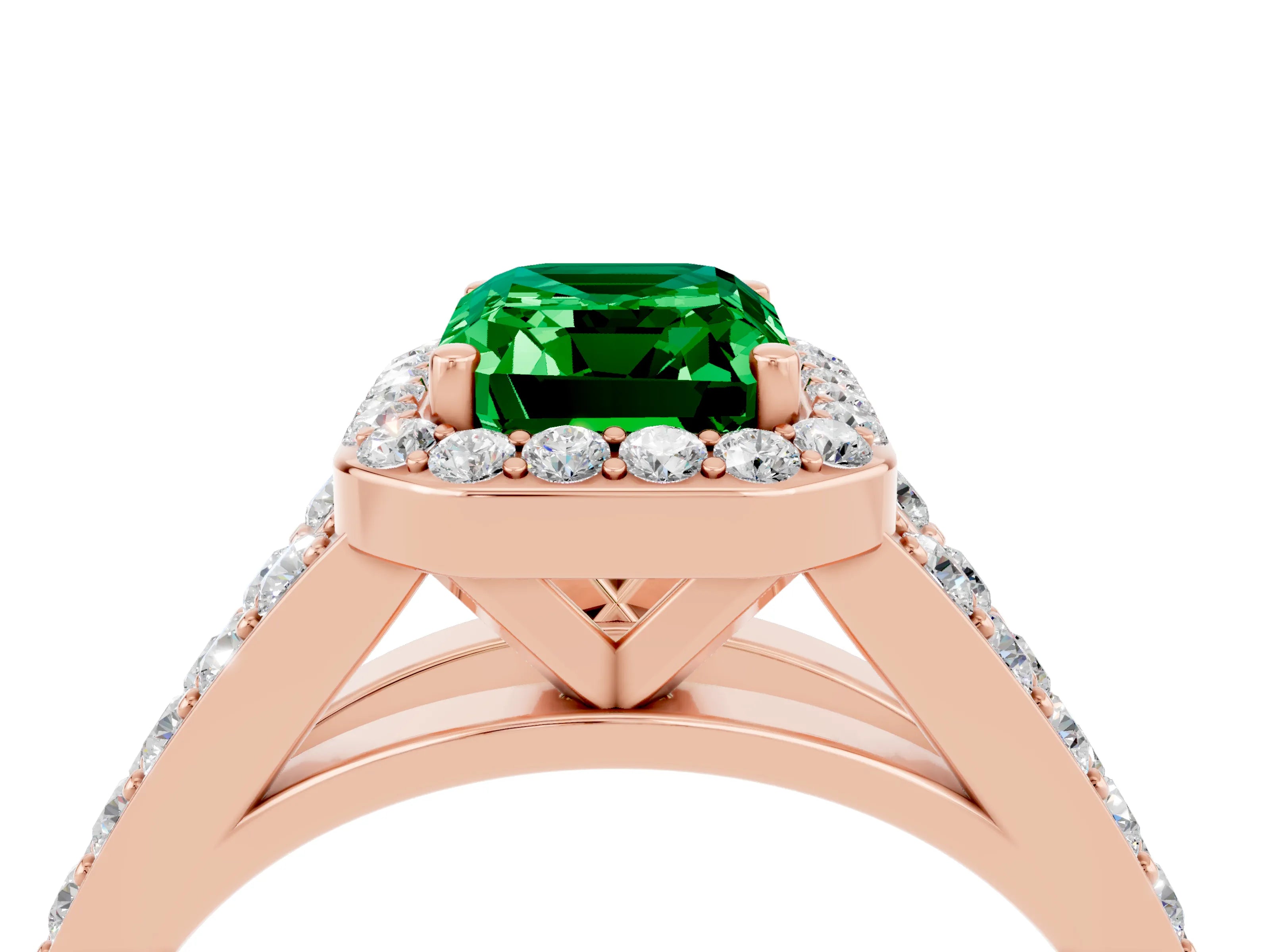 Rose gold Emerald Cut Emerald Split Shank Halo Ring with Four-Prong Setting_16