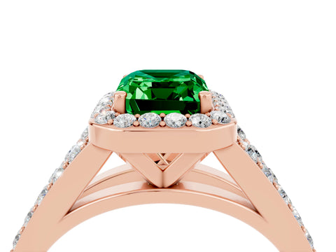 Rose gold Emerald Cut Emerald Split Shank Halo Ring with Four-Prong Setting_16