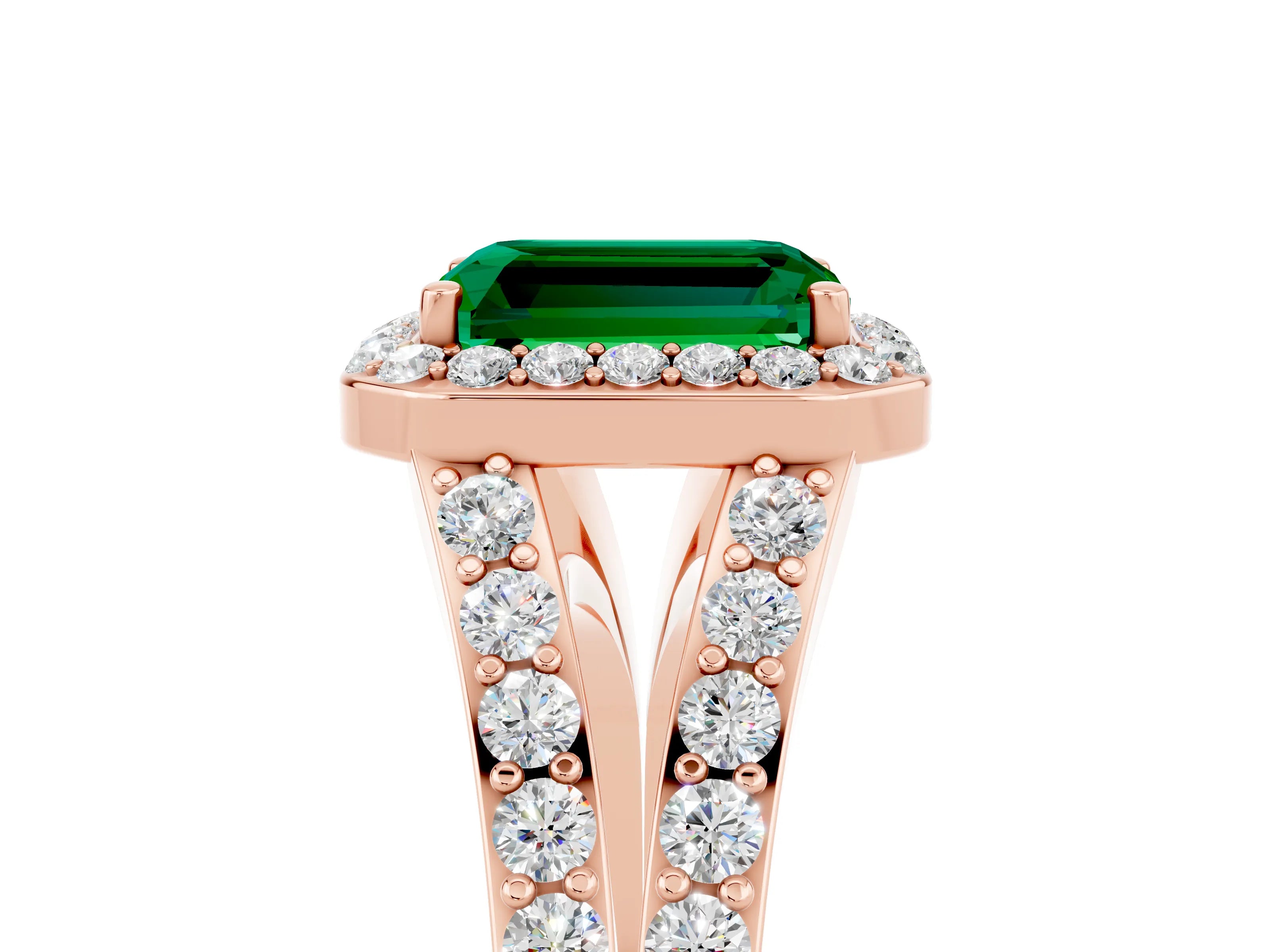 Rose gold Emerald Cut Emerald Split Shank Halo Ring with Four-Prong Setting_17