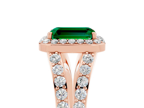 Rose gold Emerald Cut Emerald Split Shank Halo Ring with Four-Prong Setting_17