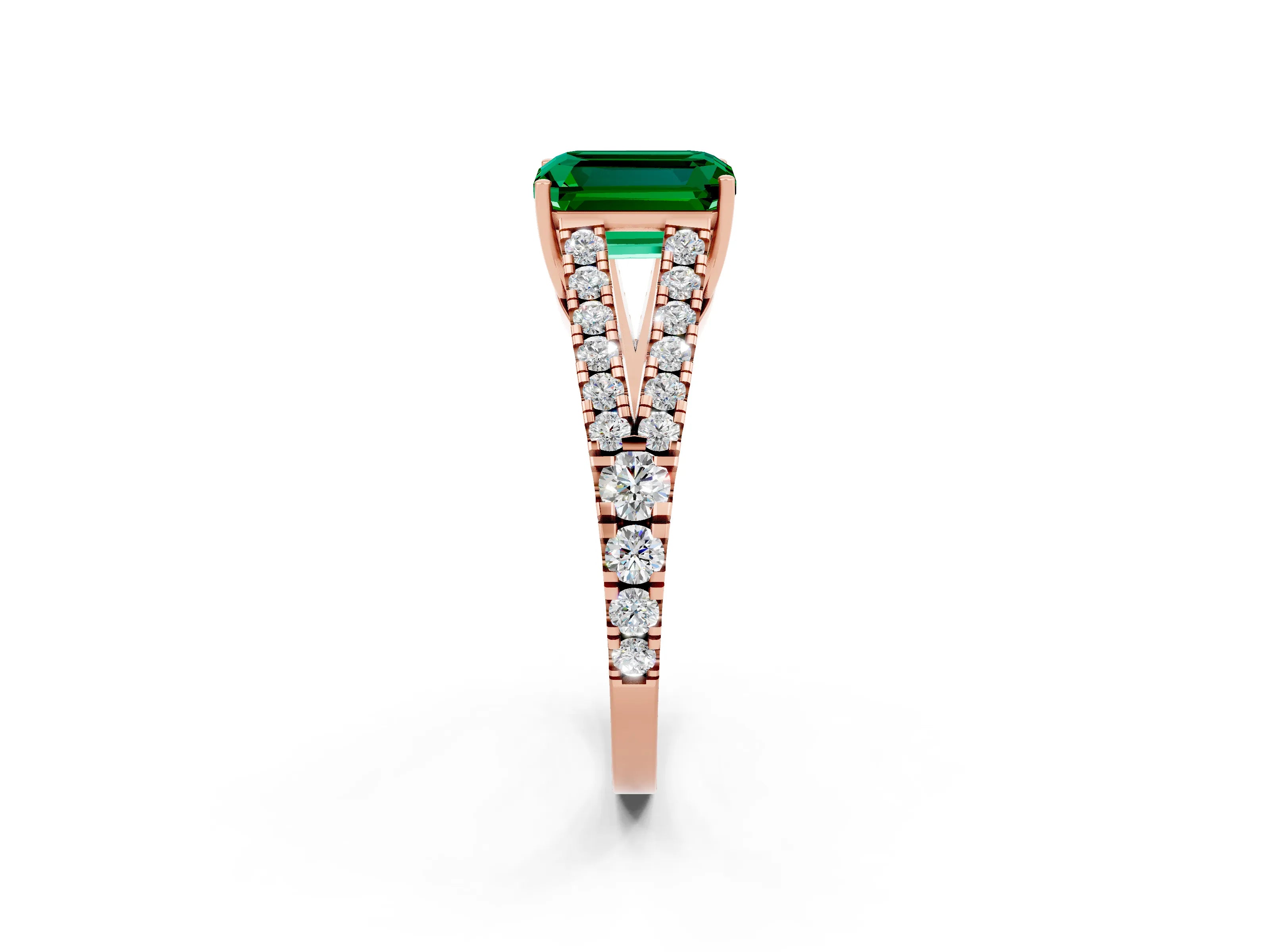 Rose gold Emerald Cut Emerald Split Shank Pavé Engagement Ring with Four-Prong Setting_14