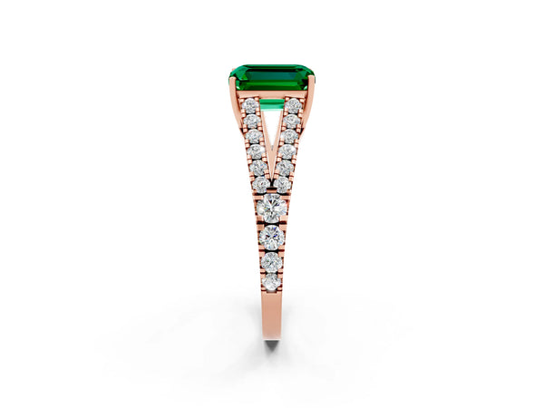 Rose gold Emerald Cut Emerald Split Shank Pavé Engagement Ring with Four-Prong Setting
