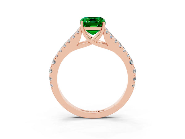 Rose gold Emerald Cut Emerald Split Shank Pavé Engagement Ring with Four-Prong Setting